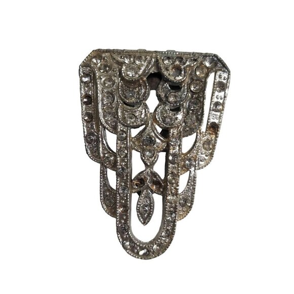 Vintage Rhodium Plate Pave Rhinestone Art Deco Fur Clip Missing Some Stones 1.5" - Picture 1 of 6